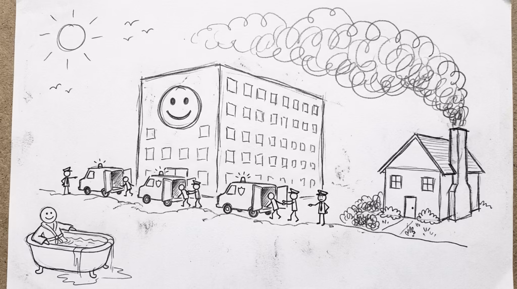 Disegno a matita che illustra la puntata sugli arresti alla sede di OpenAI e sui data center